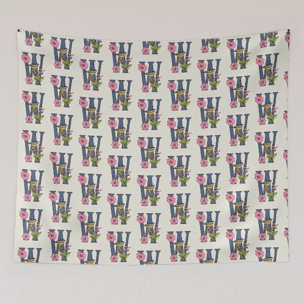 Item preview, LETTER W, Initial, Monogram, BIRD, Flowers, Ladyslipper, Cosmos, Pink designed and sold by JoyfulWhimsy.