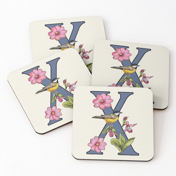 Item preview, LETTER X, Initial, Monogram, BIRD, Flowers, Ladyslipper, Cosmos, Pink designed and sold by JoyfulWhimsy.
