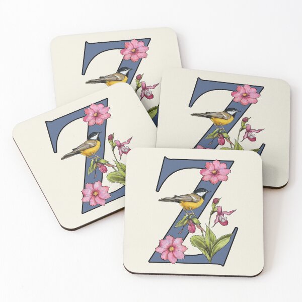 Item preview, LETTER Z, Initial, Monogram, BIRD, Flowers, Ladyslipper, Cosmos, Pink designed and sold by JoyfulWhimsy.