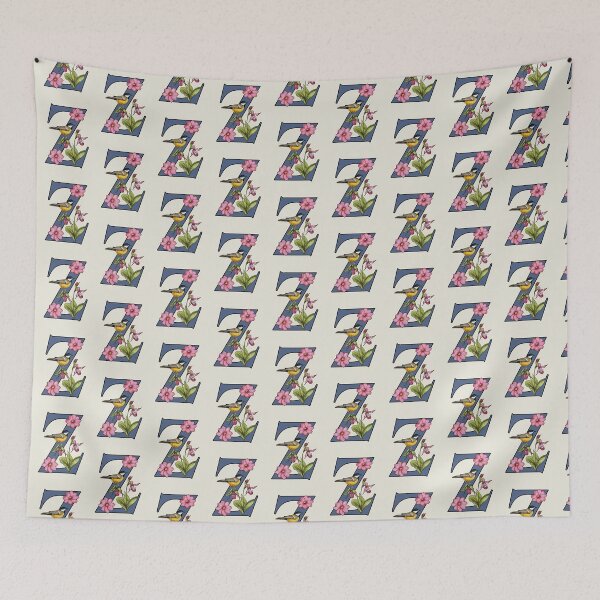 Item preview, LETTER Z, Initial, Monogram, BIRD, Flowers, Ladyslipper, Cosmos, Pink designed and sold by JoyfulWhimsy.