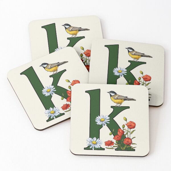 Item preview, LETTER K, Initial, Monogram, BIRD, Flowers, Red Poppies, Daisies designed and sold by JoyfulWhimsy.
