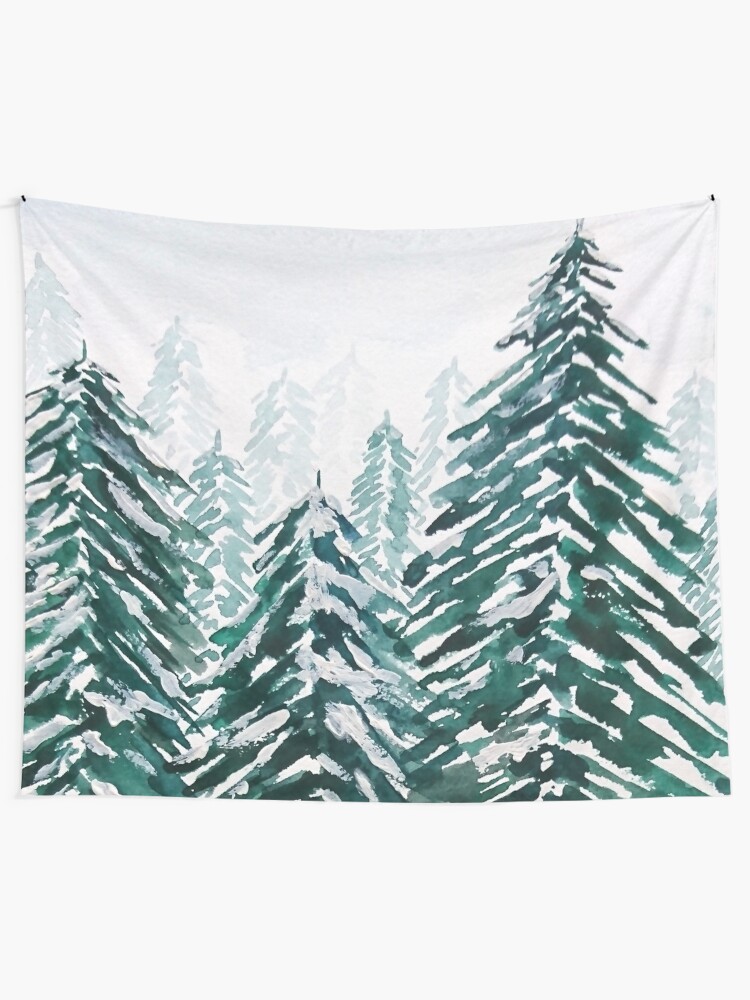 Alternate view of snowy pine forest green Tapestry