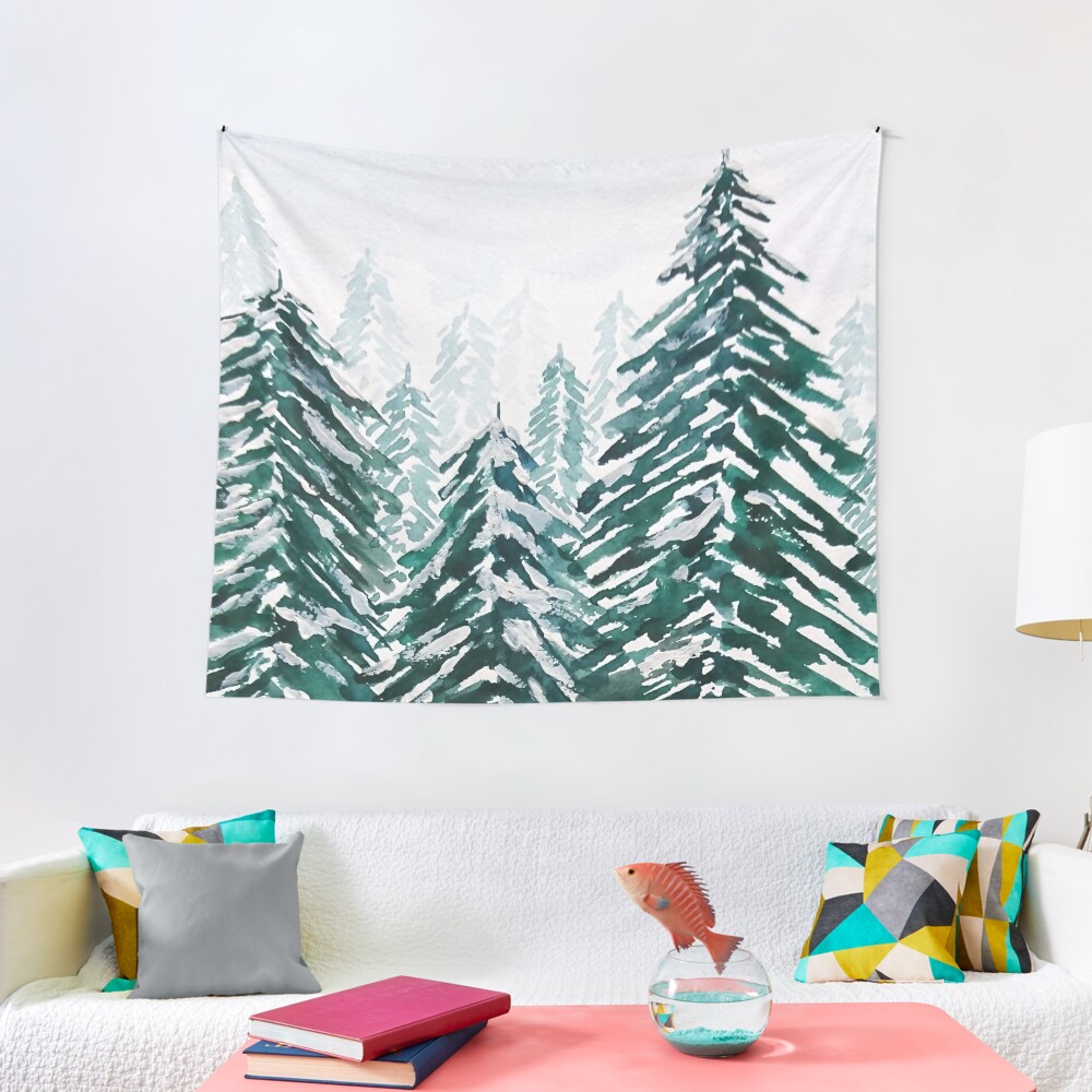 snowy pine forest green Tapestry
