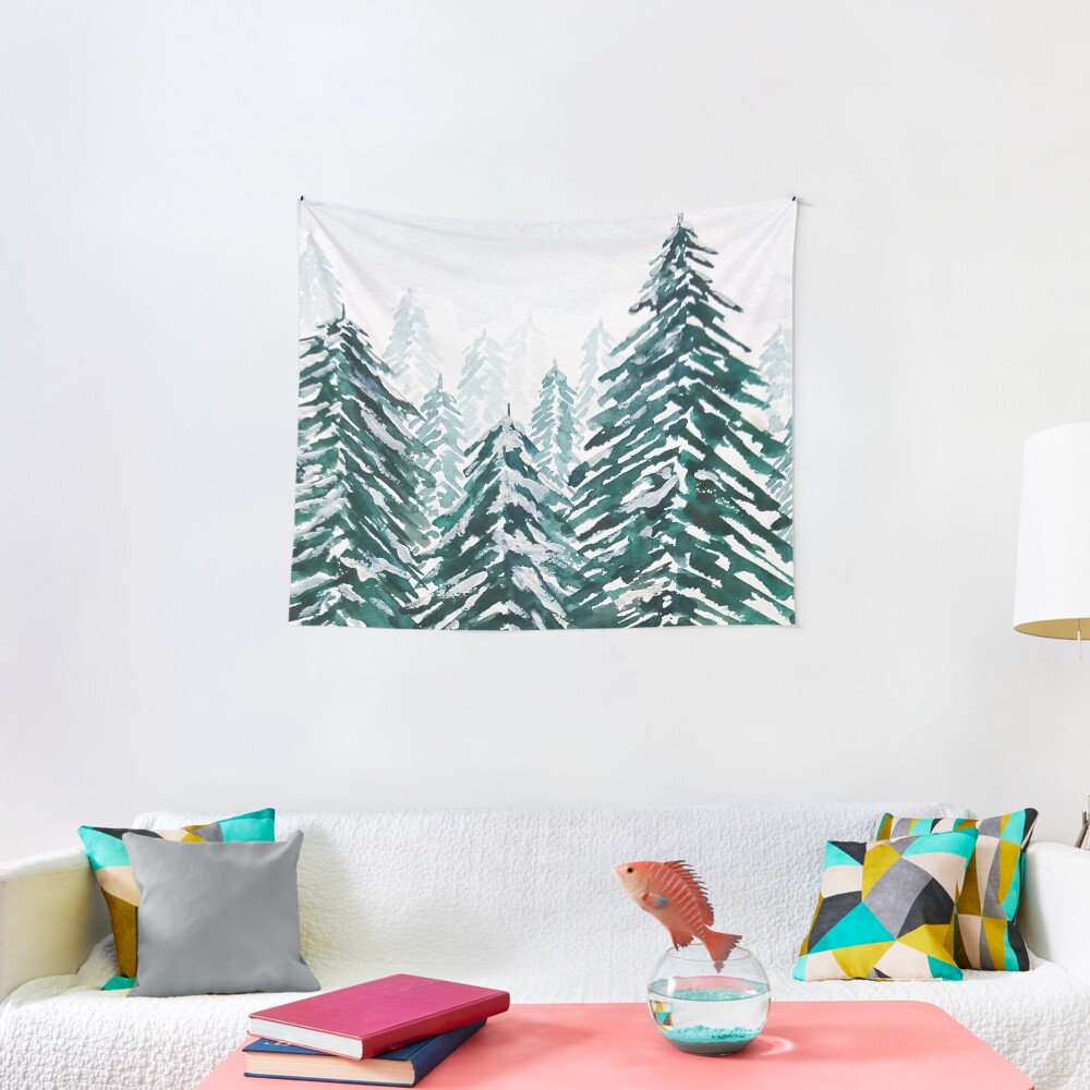 snowy pine forest green Tapestry