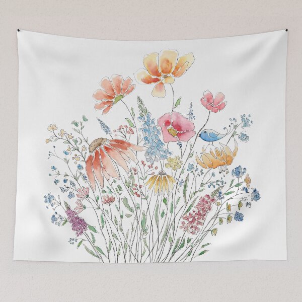 Aperçu de l'œuvre bouquet de fleurs sauvages peint à la main et ligne d'oiseau bleu et aquarelle 2 créée et vendue par ColorandColor.