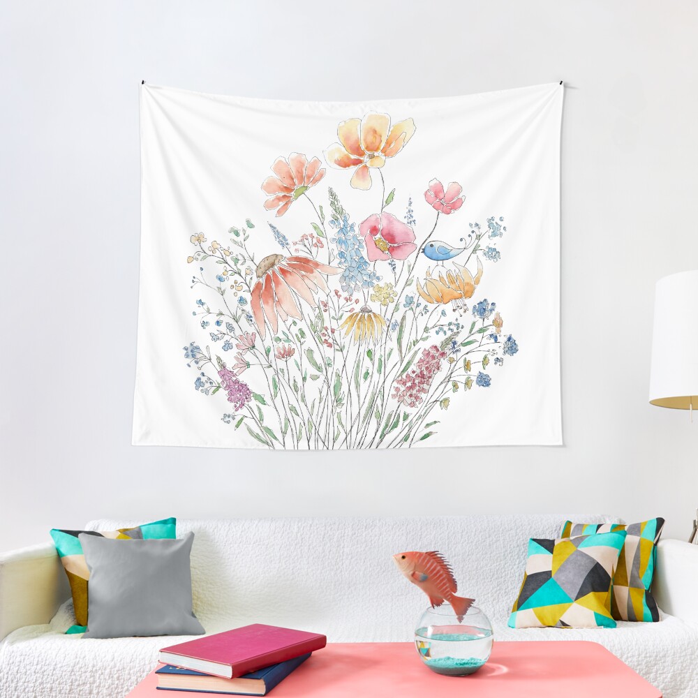 wild flower bouquet and blue bird-line and watercolor 2 Tapestry
