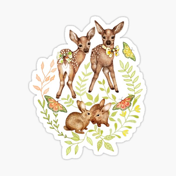 Whimsical Forest Fawns And Rabbits Sticker For Sale By Perrinlefeuvre