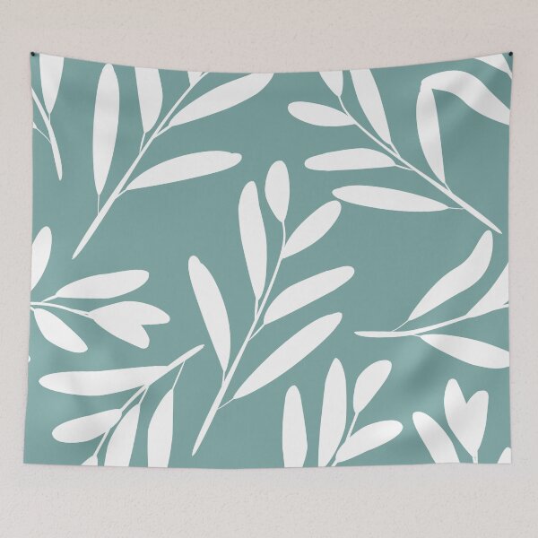 Item preview, Floral Botanical Leaves, White on Aqua Turquoise designed and sold by meggydesigns.