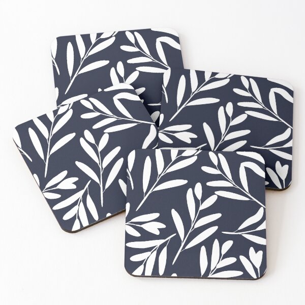 Item preview, Floral Leaves Botanical Pattern, White on Navy Blue designed and sold by meggydesigns.