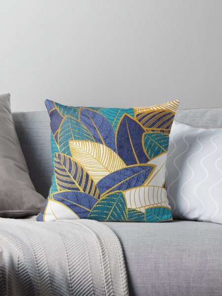 Item preview, Leaf wall // navy blue royal blue and teal leaves golden lines designed and sold by SelmaCardoso.