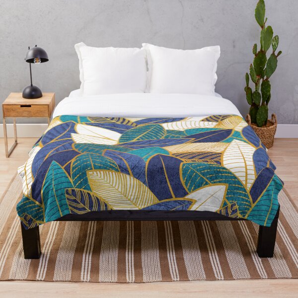 Item preview, Leaf wall // navy blue royal blue and teal leaves golden lines designed and sold by SelmaCardoso.