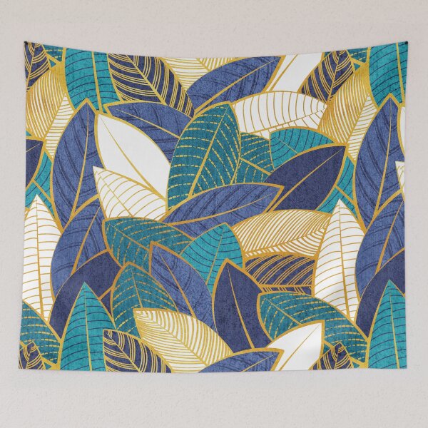 Item preview, Leaf wall // navy blue royal blue and teal leaves golden lines designed and sold by SelmaCardoso.
