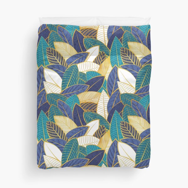 Leaf wall // navy blue royal blue and teal leaves golden lines Duvet Cover