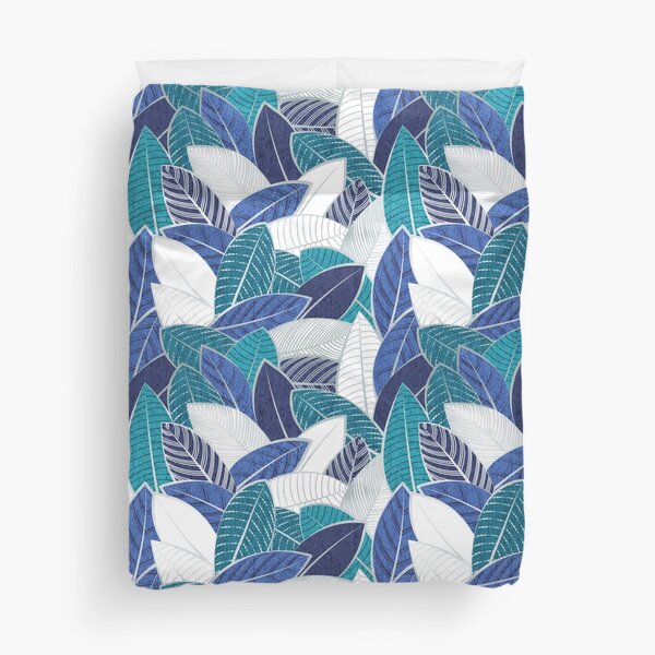 Leaf wall // navy blue royal blue and teal leaves silver lines Duvet Cover