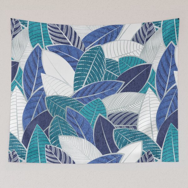 Item preview, Leaf wall // navy blue royal blue and teal leaves silver lines designed and sold by SelmaCardoso.