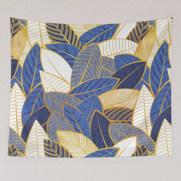 Item preview, Leaf wall // navy royal and pale blue leaves golden lines designed and sold by SelmaCardoso.