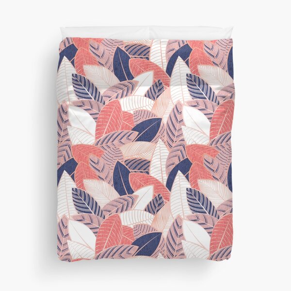 Leaf wall // navy blue coral and blush pink leaves rose metal lines Duvet Cover
