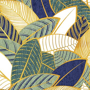 Artwork thumbnail, Leaf wall // navy blue pine and sage green leaves golden lines by SelmaCardoso