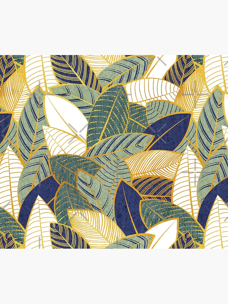 Thumbnail 6 of 6, Throw Blanket, Leaf wall // navy blue pine and sage green leaves golden lines designed and sold by SelmaCardoso.