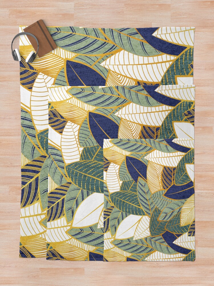 Thumbnail 5 of 6, Throw Blanket, Leaf wall // navy blue pine and sage green leaves golden lines designed and sold by SelmaCardoso.