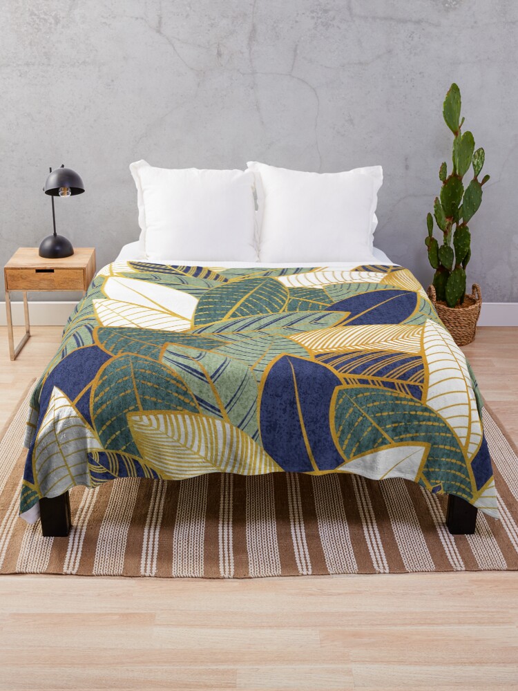 Thumbnail 1 of 6, Throw Blanket, Leaf wall // navy blue pine and sage green leaves golden lines designed and sold by SelmaCardoso.