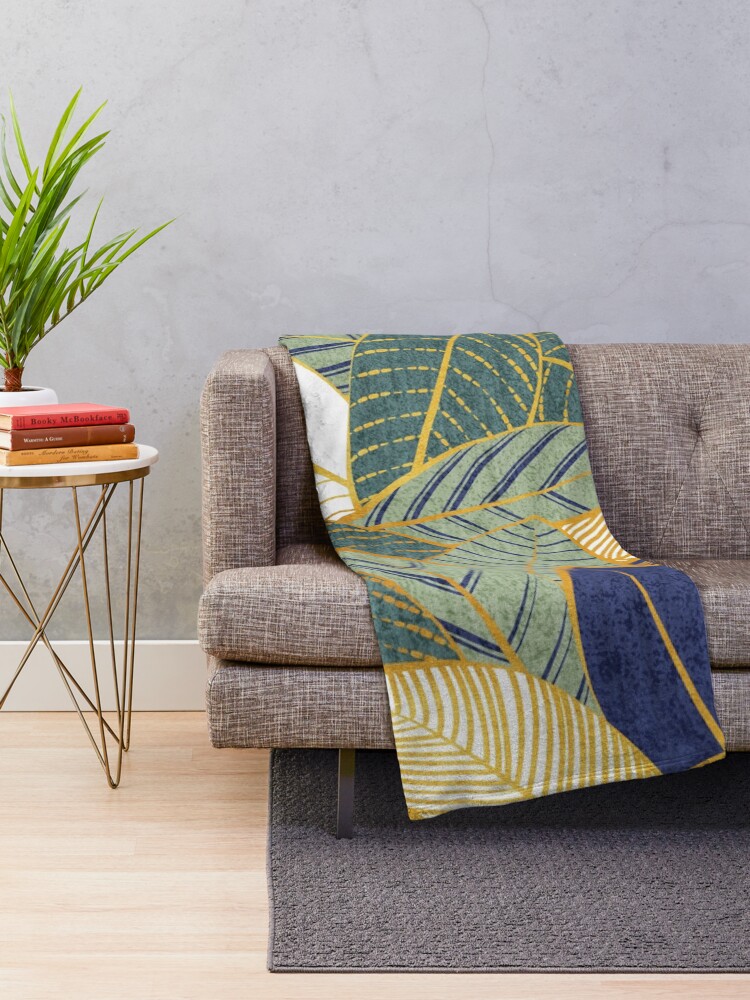 Thumbnail 2 of 6, Throw Blanket, Leaf wall // navy blue pine and sage green leaves golden lines designed and sold by SelmaCardoso.