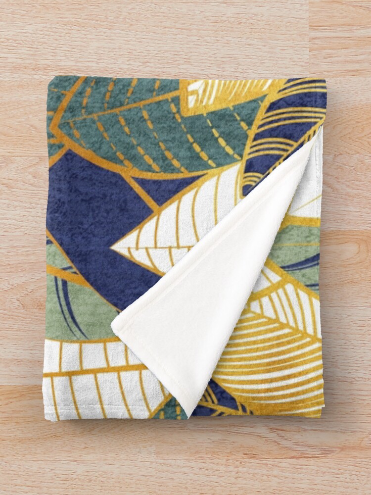 Thumbnail 3 of 6, Throw Blanket, Leaf wall // navy blue pine and sage green leaves golden lines designed and sold by SelmaCardoso.