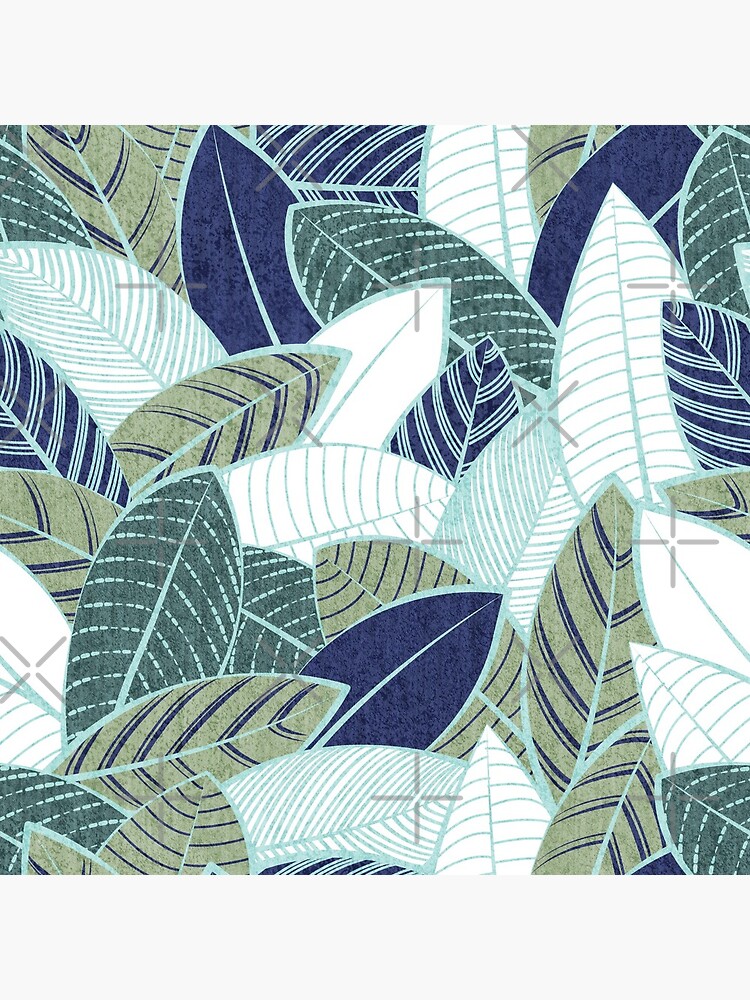 Leaf wall // navy blue pine and sage green leaves mint lines by SelmaCardoso