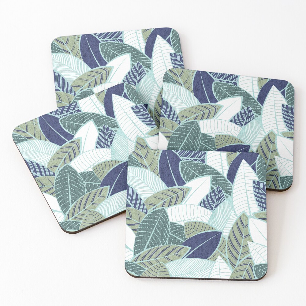 Leaf wall // navy blue pine and sage green leaves mint lines Coasters (Set of 4)