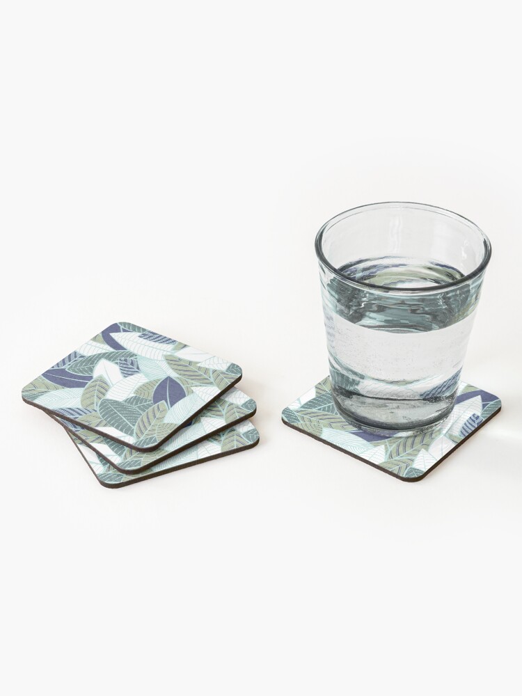 Alternate view of Leaf wall // navy blue pine and sage green leaves mint lines Coasters (Set of 4)
