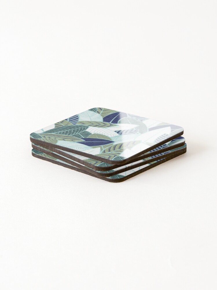 Alternate view of Leaf wall // navy blue pine and sage green leaves mint lines Coasters (Set of 4)
