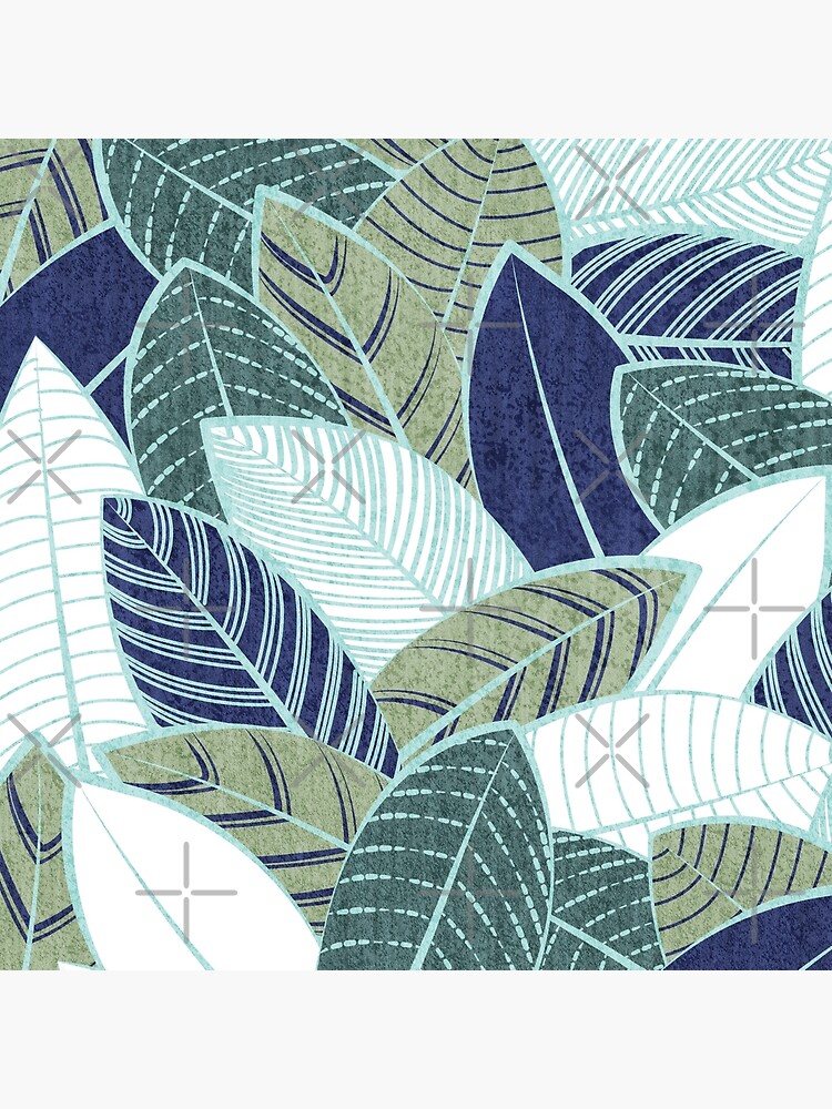 Leaf wall // navy blue pine and sage green leaves mint lines by SelmaCardoso