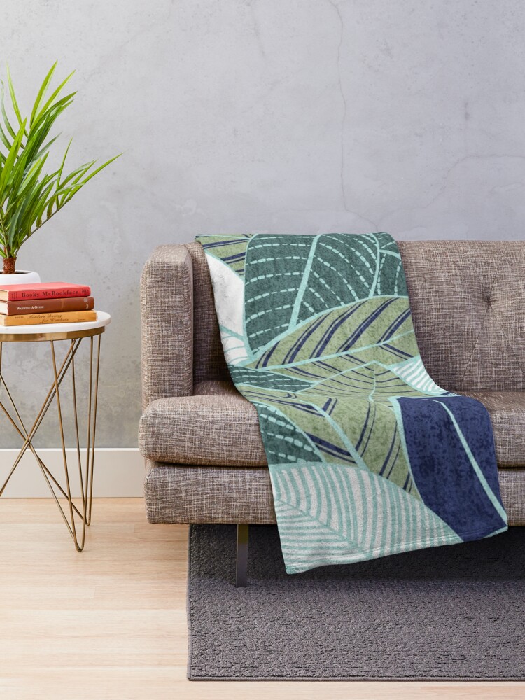 Alternate view of Leaf wall // navy blue pine and sage green leaves mint lines Throw Blanket