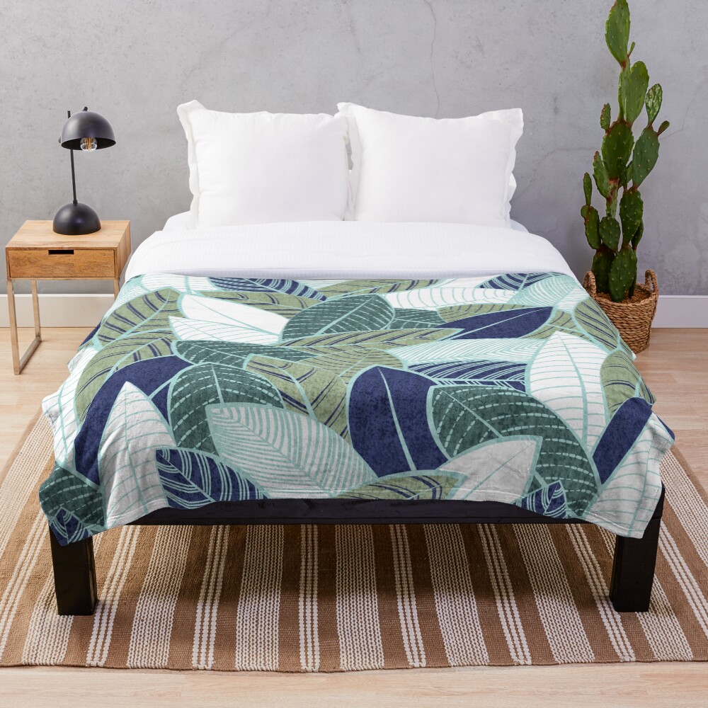 Leaf wall // navy blue pine and sage green leaves mint lines Throw Blanket