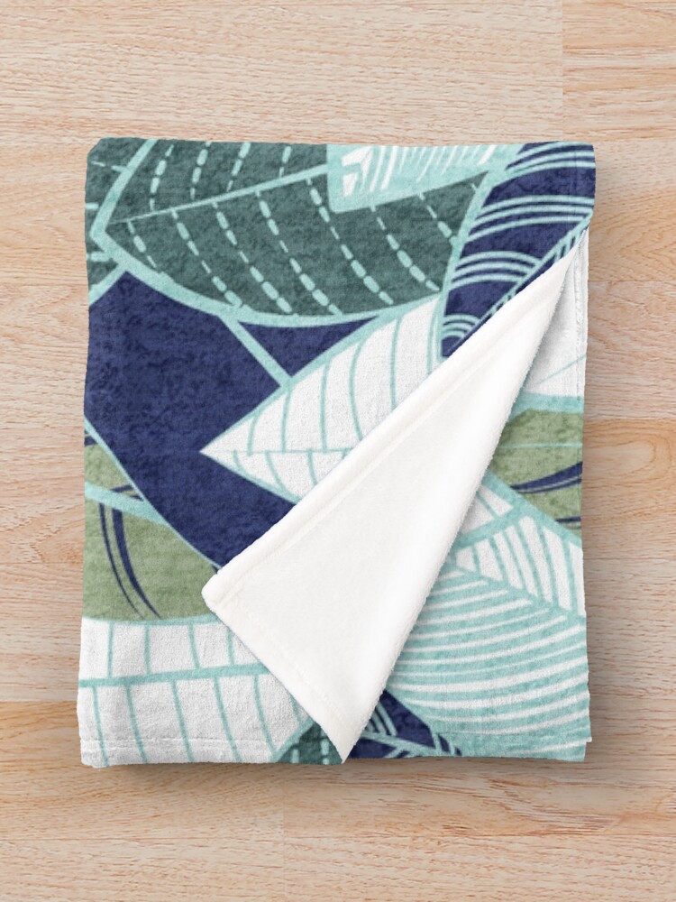 Alternate view of Leaf wall // navy blue pine and sage green leaves mint lines Throw Blanket