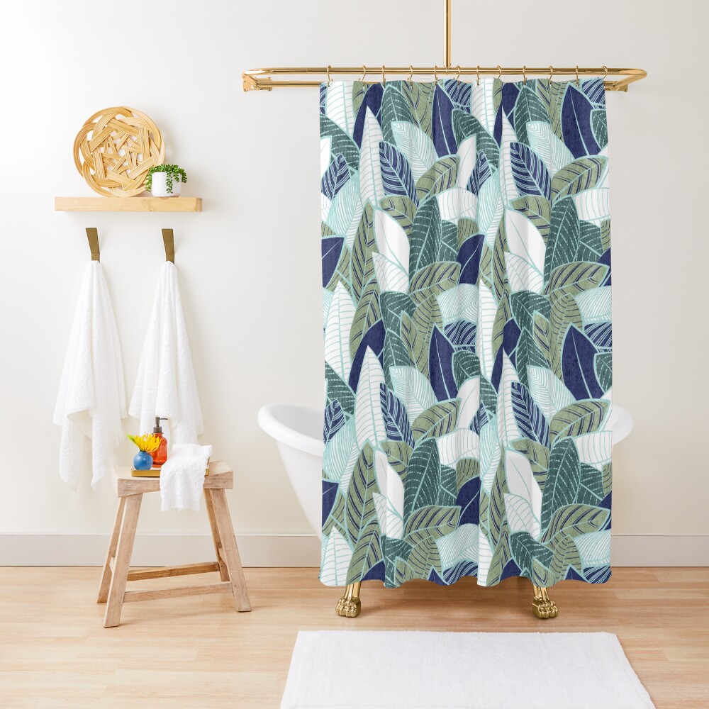 Leaf wall // navy blue pine and sage green leaves mint lines Shower Curtain