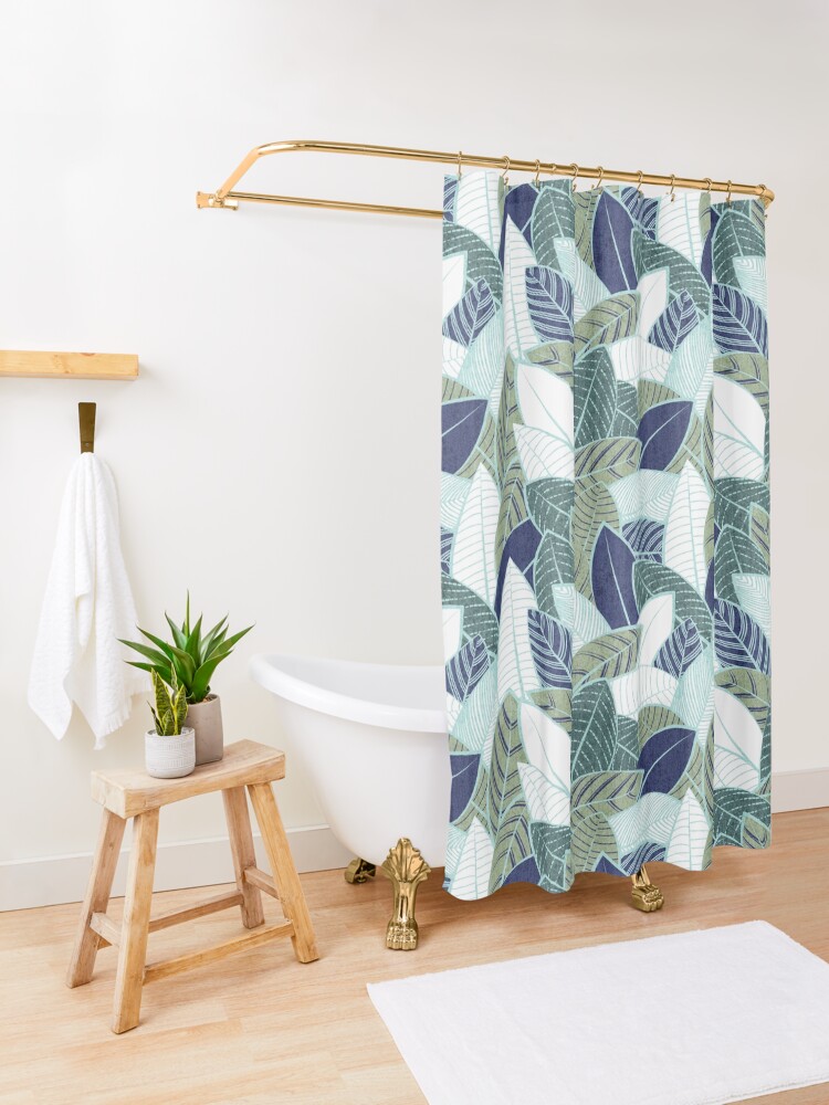 Alternate view of Leaf wall // navy blue pine and sage green leaves mint lines Shower Curtain