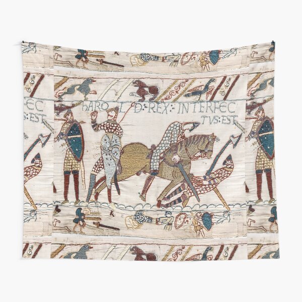 Bayeux Tapestry. King Harold is killed. Arrow in eye. Tapestry