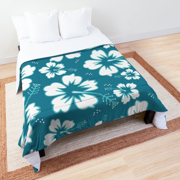 Hibiscus Flowers on Teal Comforter