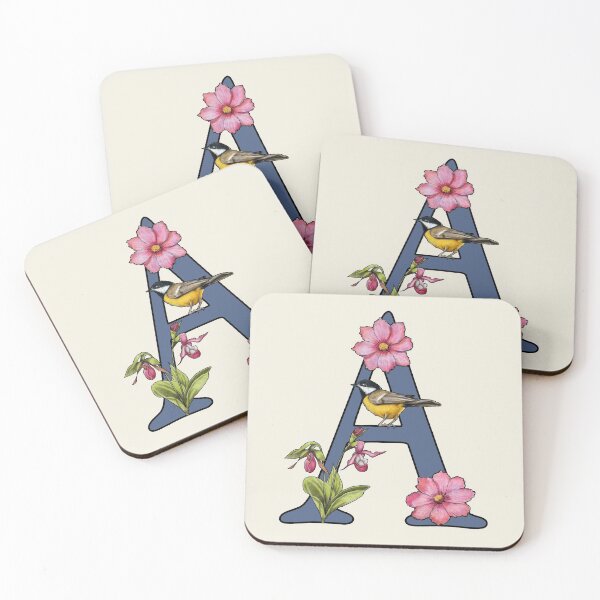 Item preview, LETTER A, Initial, Monogram, BIRD, Flowers, Ladyslipper, Cosmos, Pink designed and sold by JoyfulWhimsy.