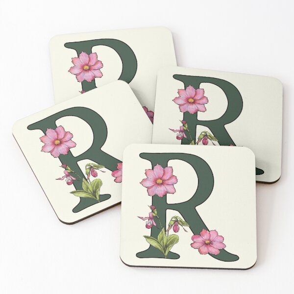 Item preview, Letter R, Initial, Monogram, Alphabet Letter, Flowers, Ladyslipper, Cosmos, Pink designed and sold by JoyfulWhimsy.
