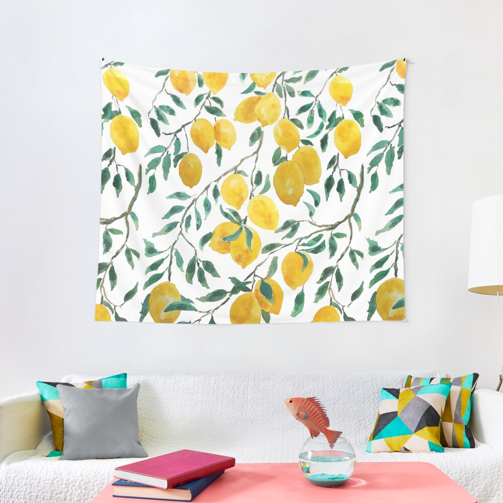 Discover watercolor yellow lemon pattern  Tapestry