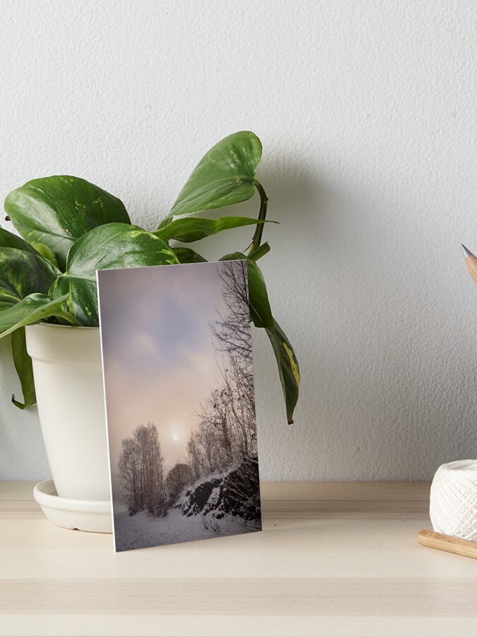 Thumbnail 1 of 2, Art Board Print, Sun looking through mist designed and sold by Bjørnar Haveland.