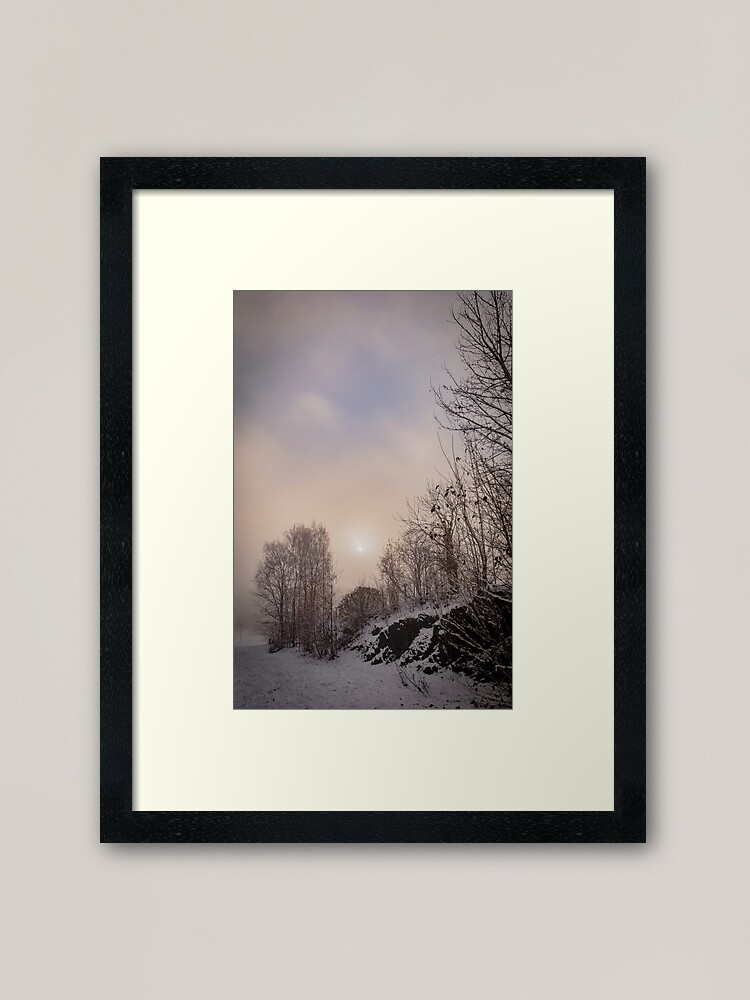 Thumbnail 2 of 7, Framed Art Print, Sun looking through mist designed and sold by Bjørnar Haveland.