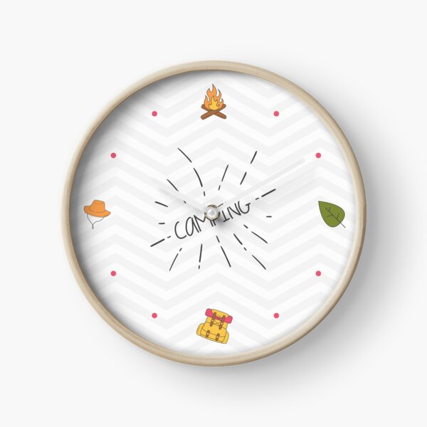 Camping time. Fire, backpacks, leaves, great outdoors. Clock