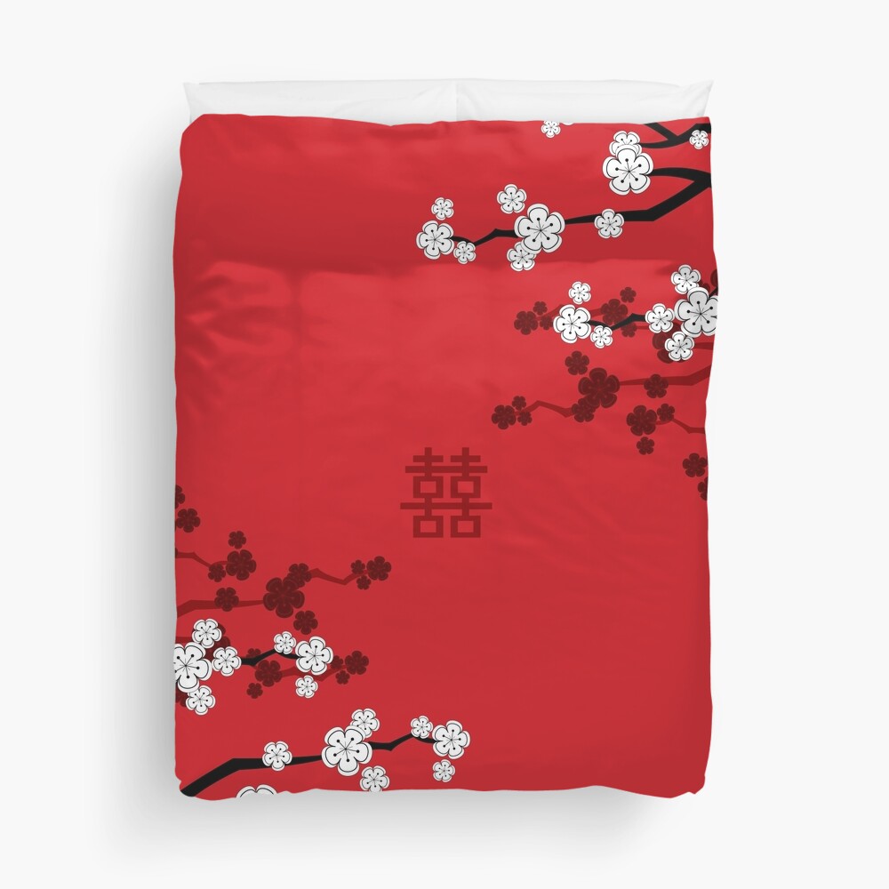 White Oriental Cherry Blossoms on Red and Chinese Wedding Double Happiness | Japanese Sakura © fatfatin  Duvet Cover