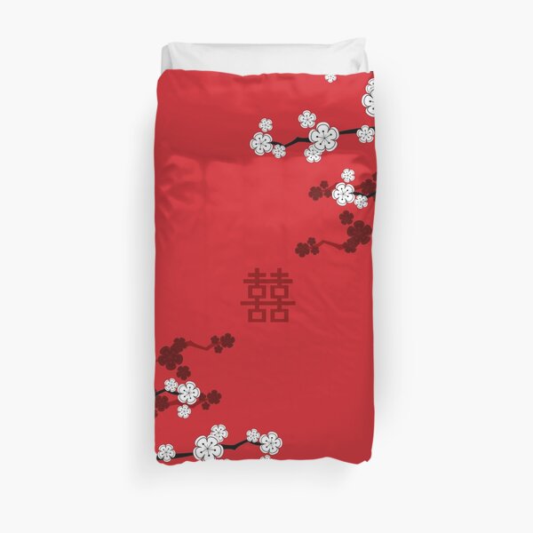 White Oriental Cherry Blossoms on Red and Chinese Wedding Double Happiness | Japanese Sakura © fatfatin Duvet Cover