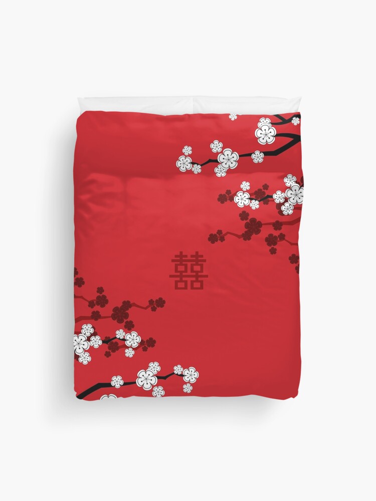 camisa almacenamiento Indígena Funda nórdica «Flores de cerezo blancas orientales en rojo y boda china  Doble felicidad | Sakura japonesa | © fatfatin» de fatfatin | Redbubble