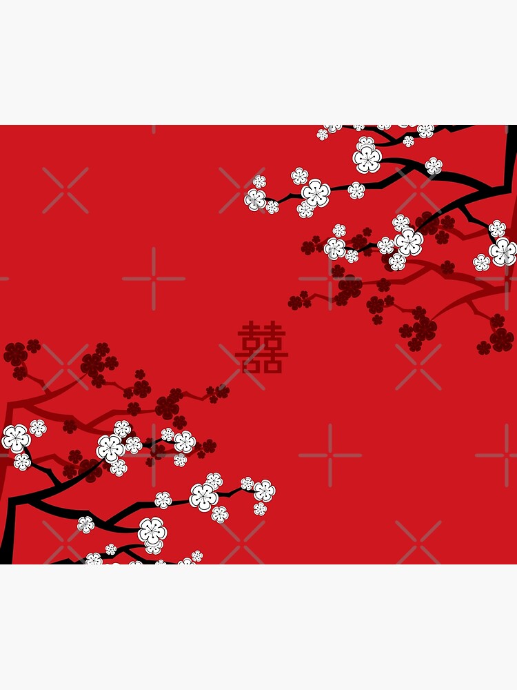 Artwork view, White Oriental Cherry Blossoms on Red and Chinese Wedding Double Happiness | Japanese Sakura © fatfatin  designed and sold by fatfatin