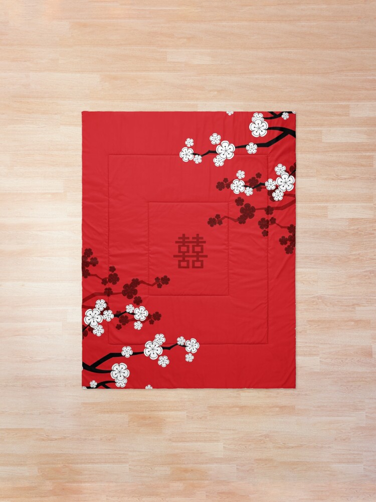 Alternate view of White Oriental Cherry Blossoms on Red and Chinese Wedding Double Happiness | Japanese Sakura © fatfatin Comforter